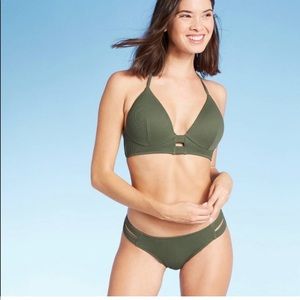 Shade & Shore Olive/Palm Green ribbed triangle bikini 34C Top, Small Bottoms